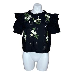 Zara Trafaluc Open Tie Back Black Floral Short Sleeve Blouse